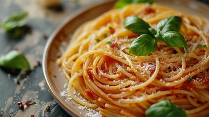 Wall Mural - Tasty Spaghetti pasta with tomato sauce, parmesan cheese and basil on plate, closeup