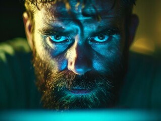 Poster - A man with beard and blue eyes looking at something in the dark. Generative AI.