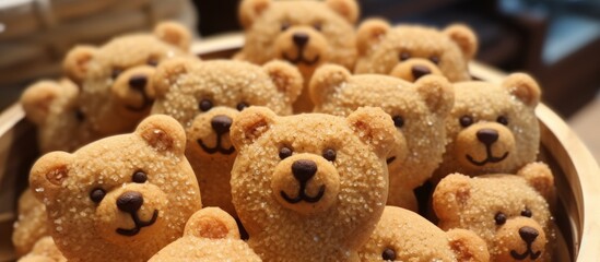 Wall Mural - A white teddy bear plush toy with a fawn snout is sitting among a bunch of stuffed toy teddy bears in a bowl next to a plant