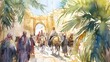 watercolor painting of jesus christ entering jerusalem
