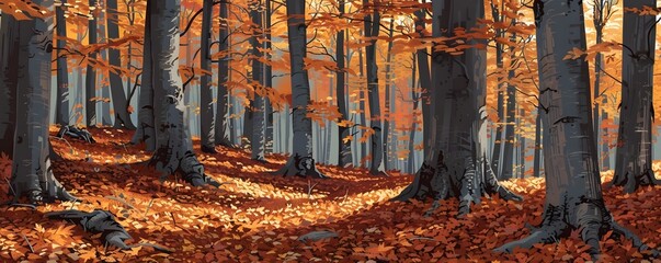 Wall Mural - Enchanting Autumnal Beech Forest with Carpet of Copper Leaves Inviting Wanderlust and Tranquil