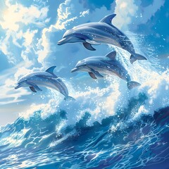 Wall Mural - Playful Dolphins Leaping Over Crashing Ocean Waves Capturing the Freedom of Motion in a Vibrant Seascape