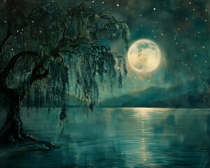 Wall Mural - Enchanted Willow Tree by a Mystical Moonlit Lake Reflecting its Ethereal Glow