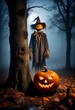 Jack O Lantern. A terrible scarecrow in old clothes and a pumpkin's head, on a foggy park. Concept poster of Halloween.