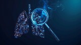 Fototapeta Perspektywa 3d - Stunning 3D visualization of human lungs in a low poly wireframe style, glowing with a dynamic blue tone against a dark backdrop, representing health, biology, and technology integration.