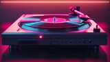 Fototapeta Do przedpokoju - This 3D animation captures a vintage turntable and vinyl record, bathed in neon light, channeling a retro wave aesthetic perfect for music and nostalgic themes.