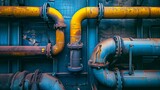 Fototapeta Perspektywa 3d - This high-resolution 3D animation showcases a close-up view of shiny metallic pipes with intricate details and bolts, reflecting the complex interior of an industrial facility