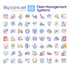 Sticker - Fleet management systems RGB color icons set. Route planning, vehicle tracking. Customer satisfaction. Isolated vector illustrations. Simple filled line drawings collection. Editable stroke
