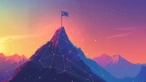 Fototapeta Perspektywa 3d - Detailed Description Keywords This digital artwork encapsulates a stylized, geometric mountain range at dusk, topped by a victorious flag. The scene blends flat design with low-poly art