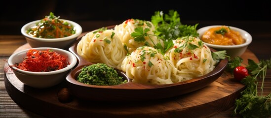 Wall Mural - A dish made of noodles, sauces, and leafy vegetables served on a wooden plate on a wooden table. The cuisine includes staple food ingredients