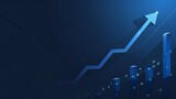 Fototapeta Do przedpokoju - A dynamic 3D graphic displays an upward-trending arrow on a deep blue background, with bar graphs, symbolizing economic growth, positive trends, and financial success
