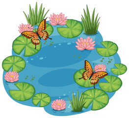 Wall Mural - Colorful butterflies hovering over a tranquil pond