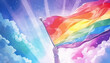 A rainbow flag is held by a person in a crowd of people