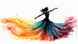 A woman in a black dress is dancing in a rainbow