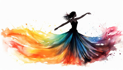 Wall Mural - A woman in a black dress is dancing in a rainbow