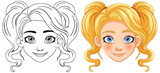 Fototapeta Konie - Vector illustration of a girl, black and white to color