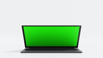 Wall Mural - laptop spin move in and open green screen and move out then close screen display, application websit