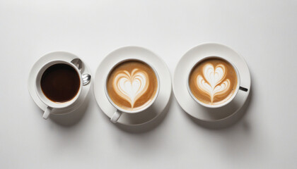 Cup of coffee type top view collection, cup of coffee type with heart sign top view collection isolated on white background colorful background