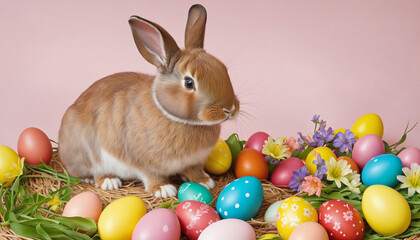 Wall Mural - Brown bunny surrounded by colorful Easter eggs and spring flowers colorful background