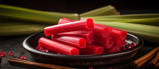 Wall Mural - A bowl of rhubarb sticks and leaves paired with cinnamon sticks, a perfect combination for a delicious dish or recipe in cuisine