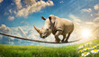 Huge white rhino (rhinoceros) walking on a rope, against a clear blue sky with clouds and copy space and sunbeams, above a green meadow with daisy flower. Generative Ai.