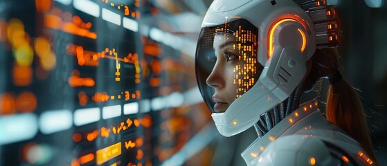 Leinwandbilder - Robot AI trader analysing stock exchange market charts. Trader assistant on forex market. Robot trader developing trading strategy on stock exchange market.