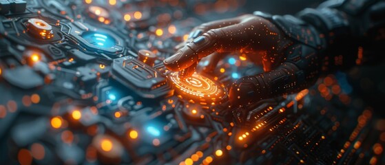 Fototapete - Businessman turns technology into a real-time chat room, using a command prompt to generate something. Businessman is transforming technology into a real-time chat room using AI.