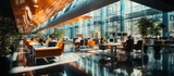 Fototapeta  - Glass office and working space with blurred people walking fast movement