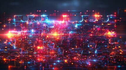 Aufkleber - This digital puzzle features a glowing effect and parts that need to be assembled to achieve a result. Modern illustration on a light blue background.
