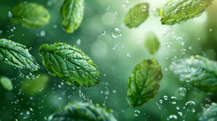 Poster - A light effect air flow with fresh and mint bubbles. Circular orbit with menthol leaf bubbles. Splash of flying mint leaves for fresheners, cleaners, and giving menthol flavor.