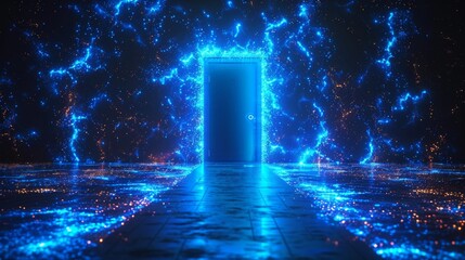 Aufkleber - Modern illustration of an open door on a blue background. Futuristic science fiction portal in polygonal wireframes glowing.