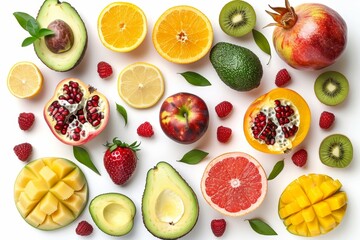 Poster - A white background is adorned with a mixture of different fruits and berries, flat lay, top view, apple, strawberry, pomegranate, mango, avocado, orange, lemon, kiwi, peach isolated on white.