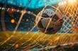 Close-up Soccer ball in goal nestled in the net with the stands erupting in cheers, a vivid portrayal of victory and collective joy.