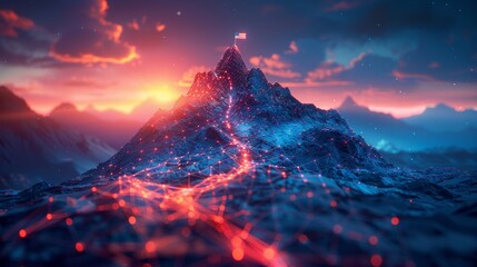 Aufkleber - In a polygonal wireframe style, a modern illustration of a mountain with a flag represents the road to success.