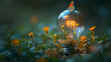 Aufkleber - Plant and butterfly in a light bulb