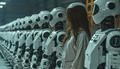 Wall Mural - A woman stands in front of a row of robots