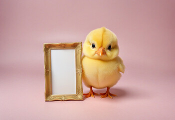 Poster - Cute chick holding a blank frame with copy space on a gradient background colorful background