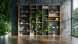 a contemporary style bookshelf adorned with plants that serves as a modern decorative element for virtual office backdrops studio backgrounds or can be printed in a large format to enhance a back