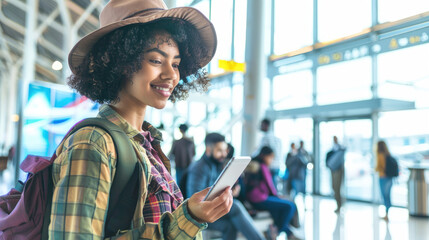 a young woman in casual attire, wearing an elegant hat and carrying travel backpack is standing at t