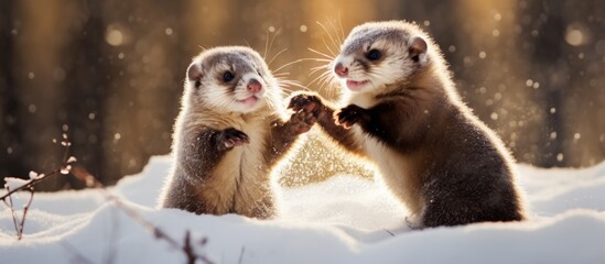 Canvas Print - Two ferrets, terrestrial animals in the Mustelidae family, are sharing a sweet moment holding hands in the snowy landscape, showcasing their whiskers and furry coats