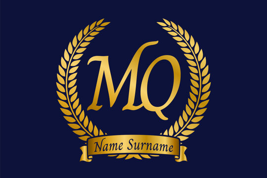 Initial letter M and Q, MQ monogram logo design with laurel wreath. Luxury golden calligraphy font.