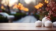 Festive decoration on white marble table with bokeh background.