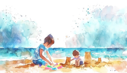Wall Mural - A woman and a child are building a sandcastle on the beach