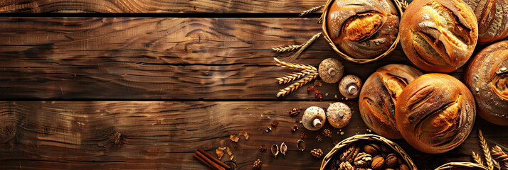 Wall Mural - Rustic bakery concept . wooden background . Modern cover header background banner with space for text, top view Cover ads banner, flyer, Blank