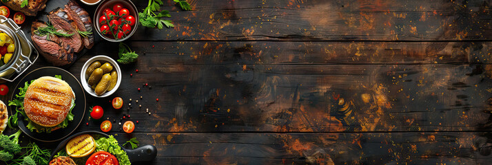 Wall Mural - Table scene with a selection of delicious foods. Top view over a dark wood banner background . Modern cover header background banner with space for text, top view Cover ads banner, flyer, Blank