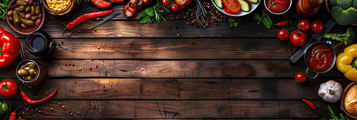 Wall Mural - Table scene with a selection of delicious foods. Top view over a dark wood banner background . Modern cover header background banner with space for text, top view Cover ads banner, flyer, Blank