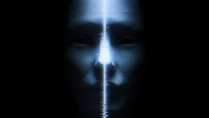 Close in on a darkly lit human face split down the middle.