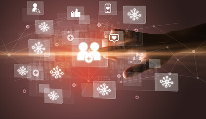 Poster - Hand pressing social media multimedia application screen with media icons on futuristic concept