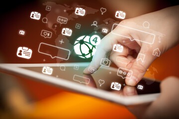 Aufkleber - Close-up of a hand using tablet, social media concept