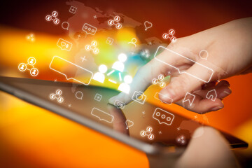 Aufkleber - Close-up of a hand using tablet, social media concept